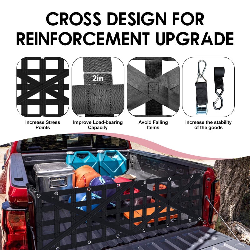 Xishuihe Heavy Duty Tailgate Net for Truck Bed, Cargo Net with 4 Adjustable Buckle Straps, Durable Nylon Tailgate net Compatible with Jeep, Pickup, Truck, Boat, SUV, 59" x 18" - Image 3