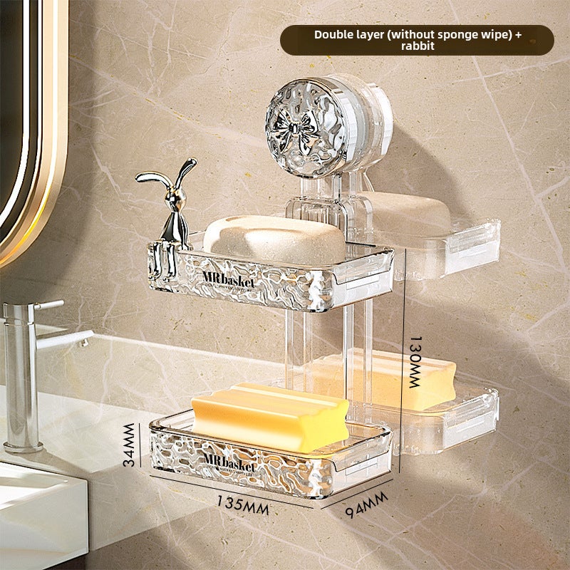 Suction Cup Soap Box Wall-mounted Non-perforated Household High-end Bathroom Wall Drain Storage Rack Double-layer Soap Box(Double suction cup rabbit [no sponge silver bow]]) - Image 1
