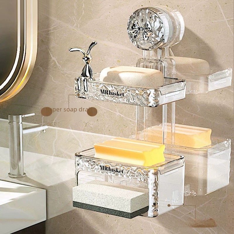 Suction Cup Soap Box Wall-mounted Non-perforated Household High-end Bathroom Wall Drain Storage Rack Double-layer Soap Box(Double suction cup rabbit [no sponge silver bow]]) - Image 3
