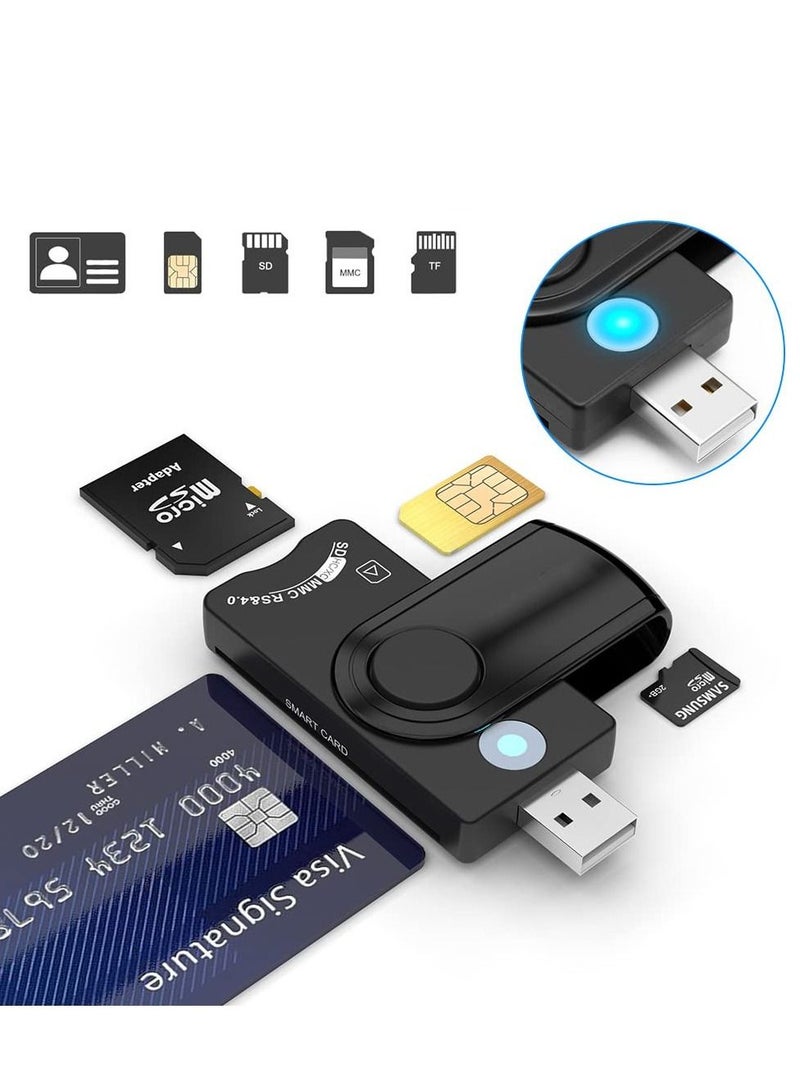 Smart Card Reader for Military, USB2.0 4 in 1 Portable Memory Card CAC/DOD Card Reader, SDHC/SDXC/SD/Micro SD Memory Card Reader for SIM and MMC RS & 4.0, Compatible with Windows, Linux/Unix, MacOS X