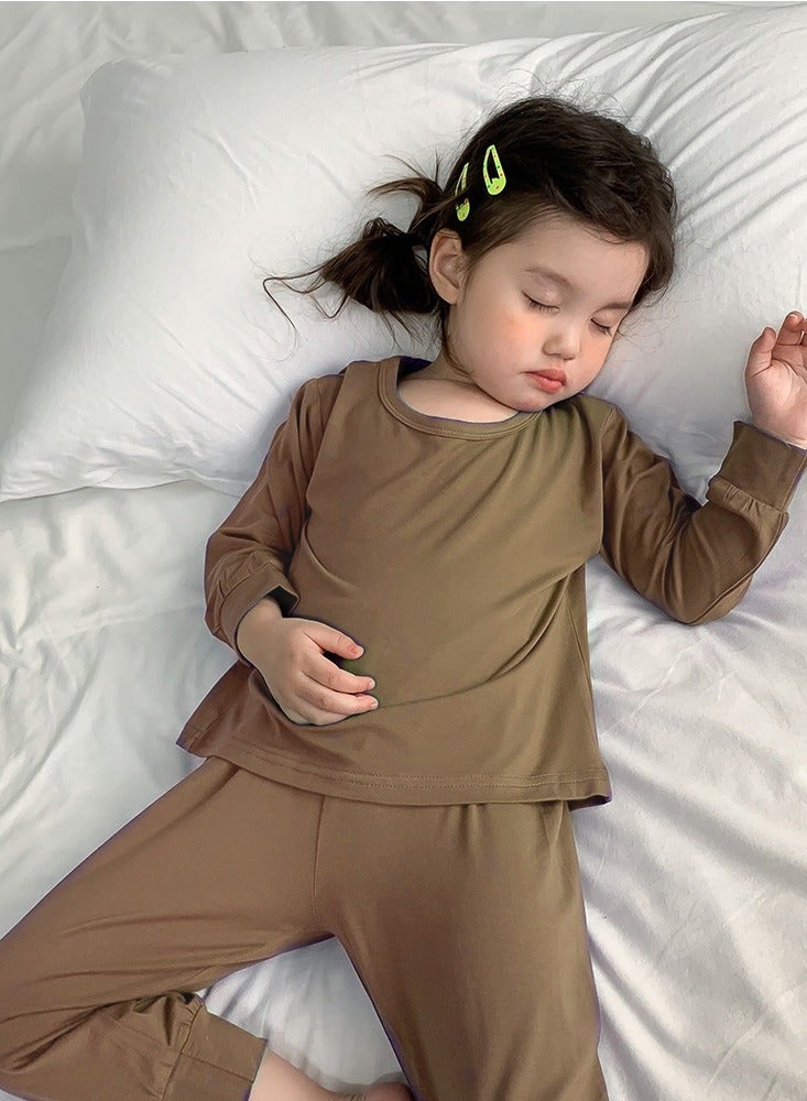 Loquat Kids Solid Color Pajama Set Cotton Soft Base Layer Top & High Waist Bottom Children's Underwear Set Brown 