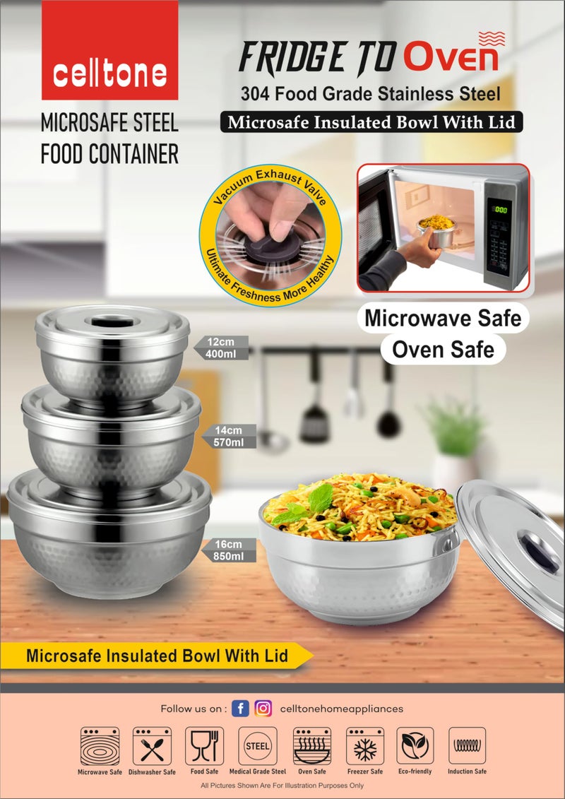Celltone Microwave Safe 304 Stainless Steel Food Container - Fridge-to-Oven Bowl with Vacuum Freshness Seal (Combo-Set Of(400ml,570ml, 850ml) - Image 5