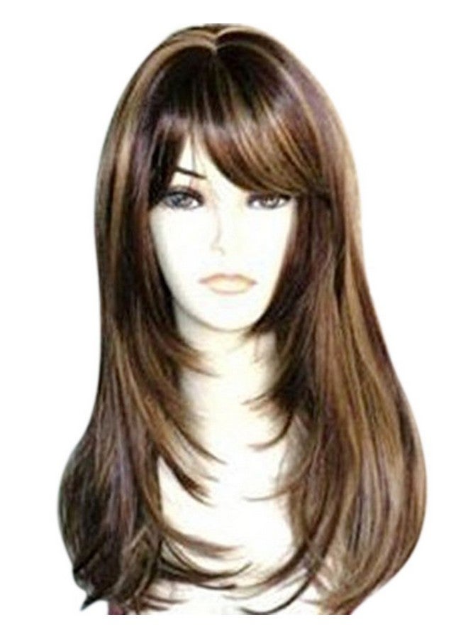 Kalyss Brown With Highlights Yaki Synthetic Women'S Wig With Hair Bangs Centre Parting Long Straight Layered Heat Resistant Synthetic Hair Wig For Women (Brown With Highlights Color) - Image 1
