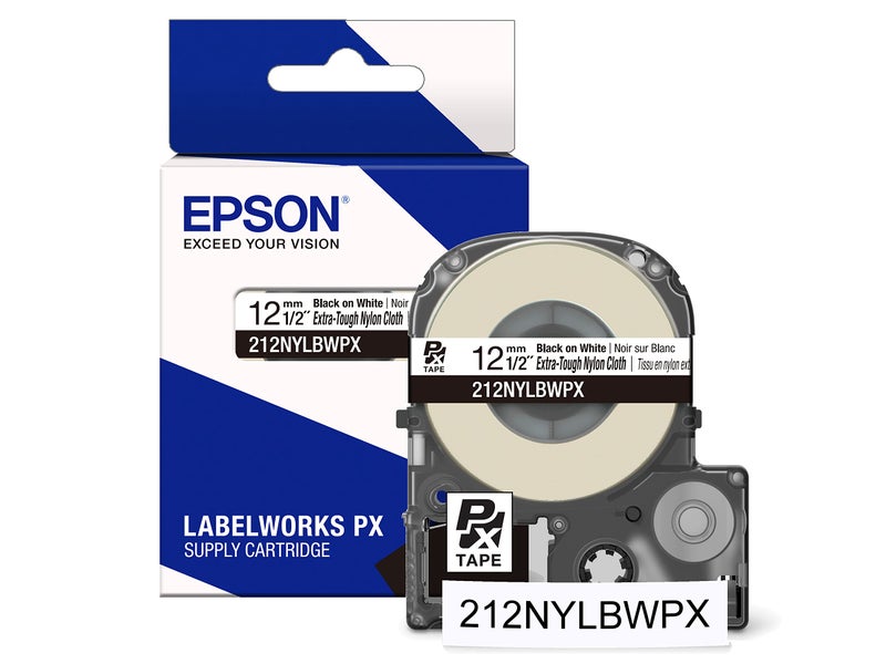 LABELWORKS Epson LABELWORKS 212NYLBWPX Nylon Tape Cartridge - Black on White Industrial Label Maker Tape - 1/2" (12MM) Wide, 19' - Image 1