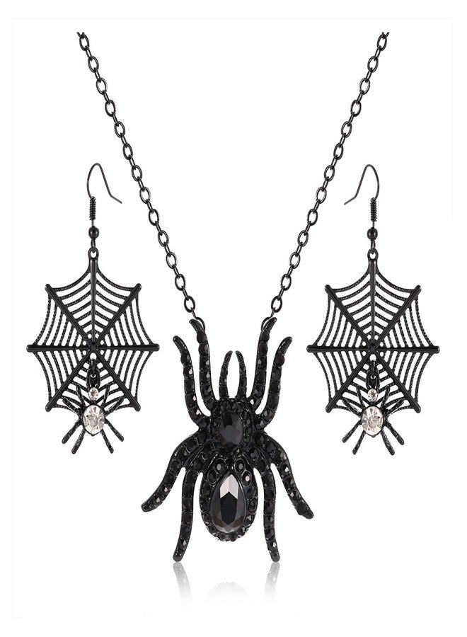 MOLOCH Halloween Spider Jewelry Set Crystal Tarantula Pendant Necklaces Spider Web Dangle Earrings Set Halloween Party Costume Jewelry for Women (Black) - Image 1