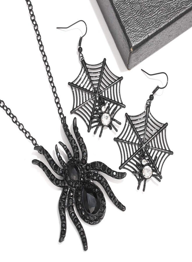 MOLOCH Halloween Spider Jewelry Set Crystal Tarantula Pendant Necklaces Spider Web Dangle Earrings Set Halloween Party Costume Jewelry for Women (Black) - Image 5