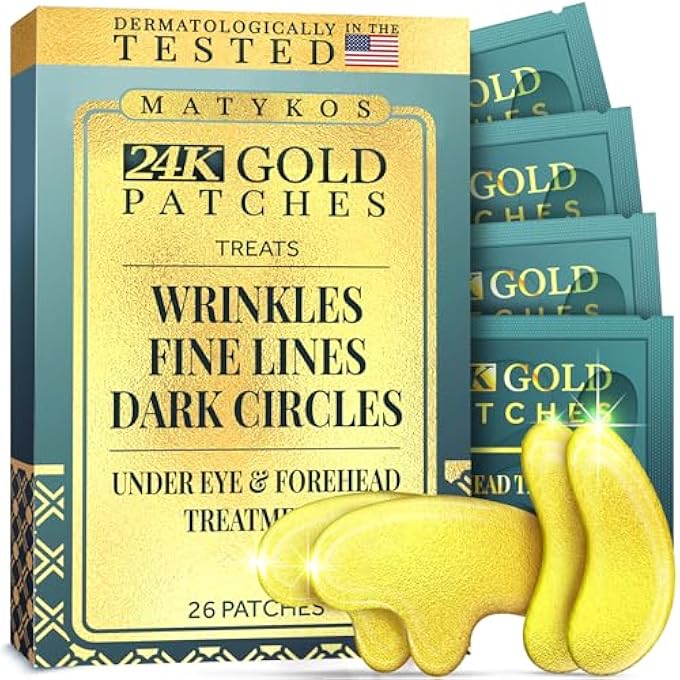 Matykos Forehead and Under Eye Wrinkle Patches for Face - Collagen, Hyaluronic Acid and Vitamin A Skin Pads - Forehead Line Remover Wrinkle Eye Patch Set - 26 Golden Sachets - Image 1