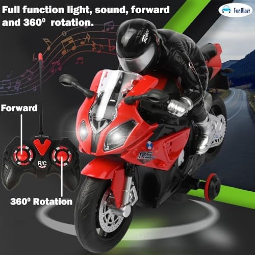 FunBlast RC Motorcycle for Kids – Remote Control Racing Bike Toy with Rider, Lights, Sound & Rechargeable Battery – 1:20 Scale Motorbike for 3+ Year Old Boys & Girls (Red) - Image 2