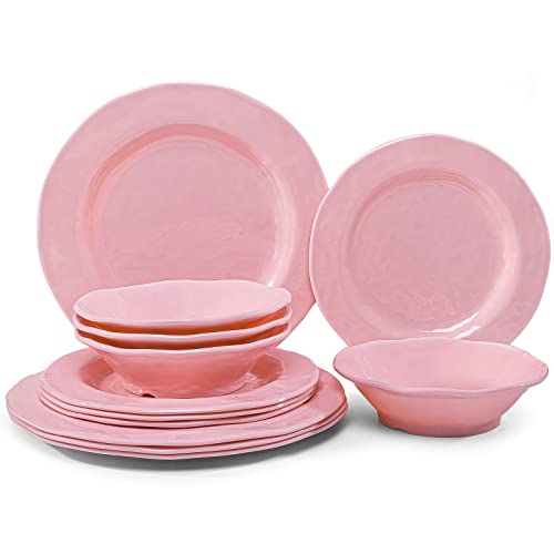 LEHAHA Pink Dishes Melamine Dinnerware Sets, 12 Piece Kitchen Plates and Bowls Dinnerware Sets, Lightweight, BPA free Melamine Dishes for Girls, Valentine's Day, Mother's Day. - Image 1