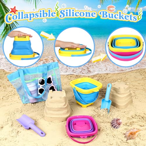 TSDATOWR Collapsible Beach Buckets for Kids, 2 Packs Foldable Sand Buckets and Shovels with Mesh Beach Bag, Silicone Sand Pails for Toddlers Beach Toys, Easter Egg Hunt, Camping, Travelling, Fishing Water Pail - Image 2