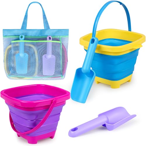 TSDATOWR Collapsible Beach Buckets for Kids, 2 Packs Foldable Sand Buckets and Shovels with Mesh Beach Bag, Silicone Sand Pails for Toddlers Beach Toys, Easter Egg Hunt, Camping, Travelling, Fishing Water Pail - Image 1
