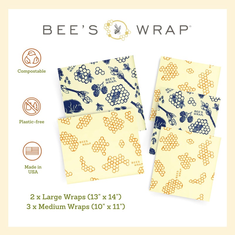 Bee's Wrap Beeswax Wraps for Food - Assorted 5 Pack of Beeswax Wraps - 2 Large & 3 Medium Wrap - Plastic Free Made in USA Reusable Natural Food Wrap - Honeycomb & Bees + Bears - Image 4