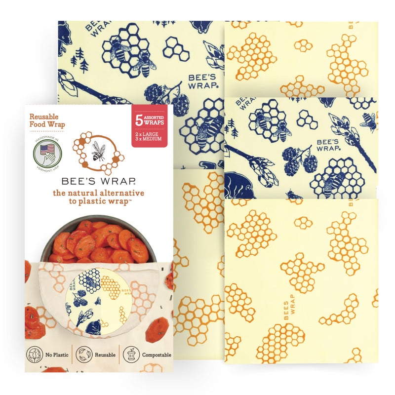 Bee's Wrap Beeswax Wraps for Food - Assorted 5 Pack of Beeswax Wraps - 2 Large & 3 Medium Wrap - Plastic Free Made in USA Reusable Natural Food Wrap - Honeycomb & Bees + Bears - Image 1