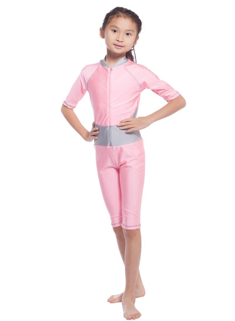 Loquat Girl's Jumpsuits  Swimwear Short Sleeve Zipper Burkini Swimsuit Pink/Grey  - Image 1