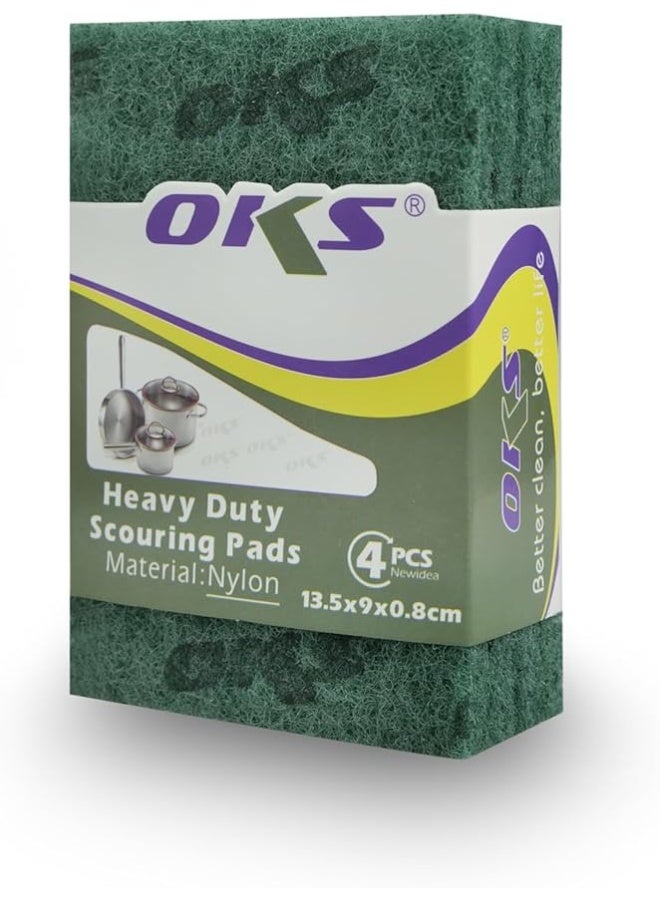 OKS 4 Pcs Heavy Duty Green Nylon Scouring Pads - Commercial Grade Scrubbers for Pots, Pans & Stubborn Grease | 13.5×9×0.8cm - Image 1