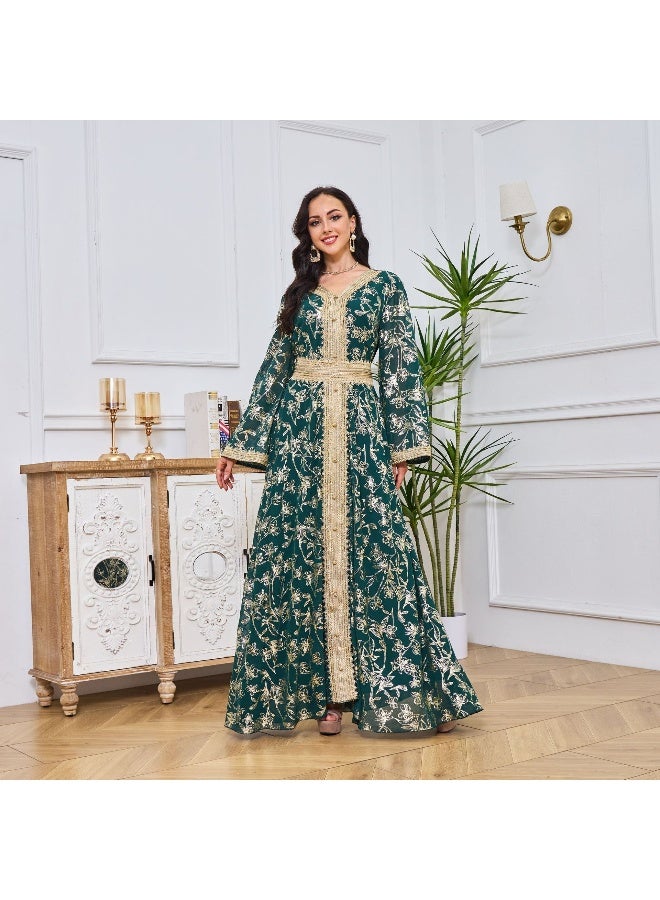 Madam Uniq Women's Dark Green Long Sleeve Embroidered V-Neck Evening Dress Kaftan with Belt - Gold Foil Design - Image 4