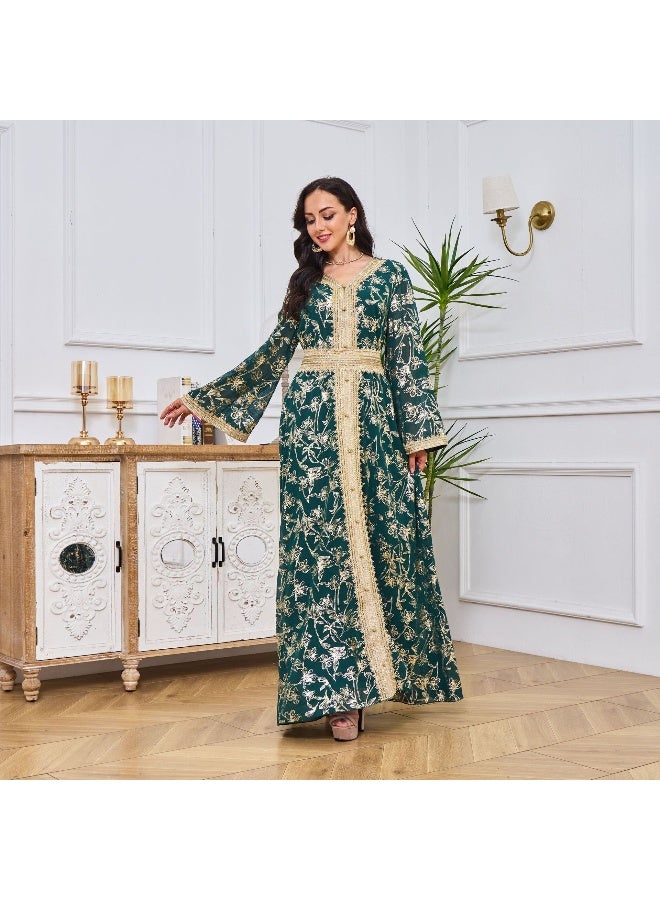 Madam Uniq Women's Dark Green Long Sleeve Embroidered V-Neck Evening Dress Kaftan with Belt - Gold Foil Design - Image 5