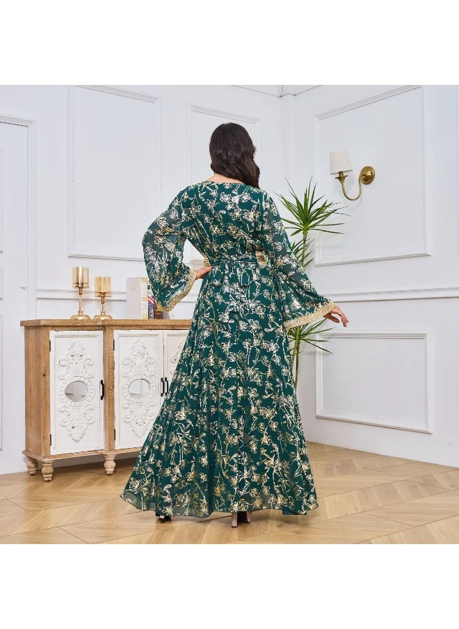 Madam Uniq Women's Dark Green Long Sleeve Embroidered V-Neck Evening Dress Kaftan with Belt - Gold Foil Design