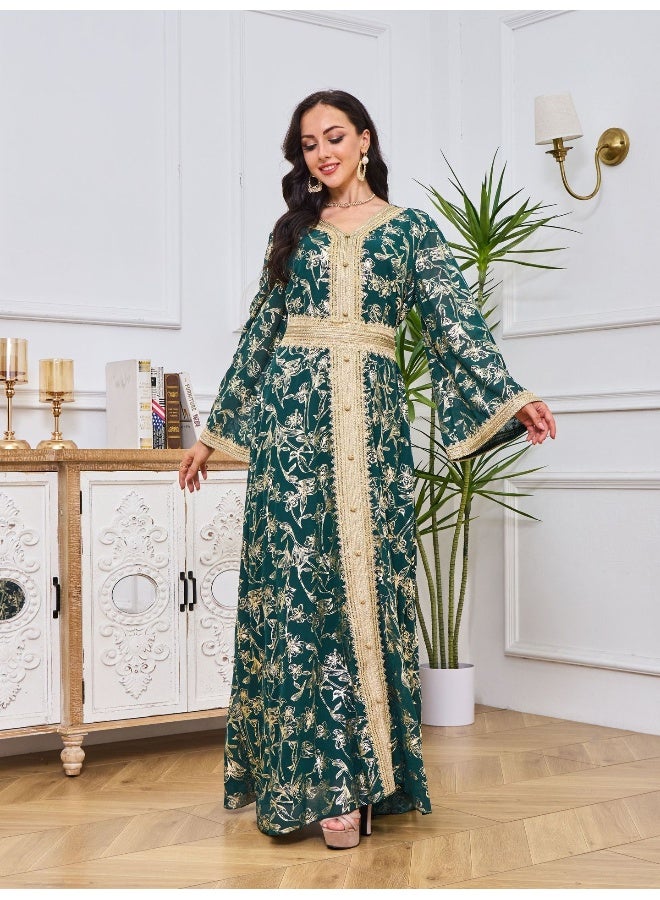 Madam Uniq Women's Dark Green Long Sleeve Embroidered V-Neck Evening Dress Kaftan with Belt - Gold Foil Design - Image 3