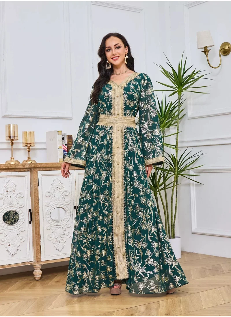Madam Uniq Women's Dark Green Long Sleeve Embroidered V-Neck Evening Dress Kaftan with Belt - Gold Foil Design
