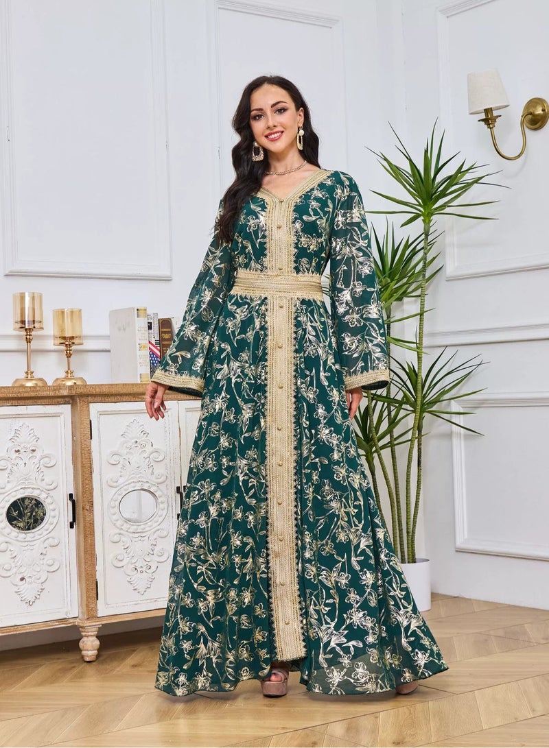 Madam Uniq Women's Dark Green Long Sleeve Embroidered V-Neck Evening Dress Kaftan with Belt - Gold Foil Design - Image 1