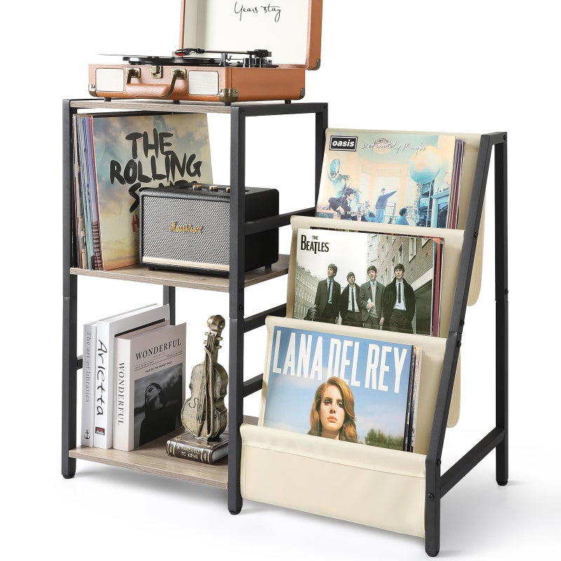 Bikoney Record Player Stand Turntable Stand with 3Tier Vinyl Record Storage Record Player Table Up to 200 Albums End Table for Records Vinyl Record Holder Cabinet for Living Room White
