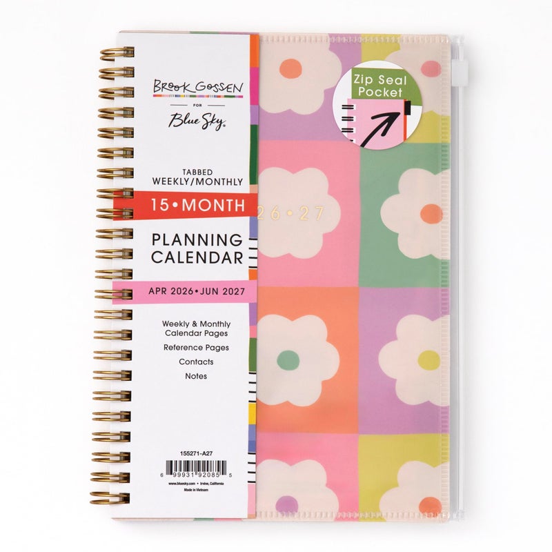 Blue Sky Brook Gossen 15 Month 2026-2027 Weekly and Monthly Academic Year Planner Calendar, April 2026 - June 2027, 5" x 8", Flexible Cover With Zip Pouch, Wirebound, Laminated Tabs, Storage Pocket, Daisy Checkers - Image 1