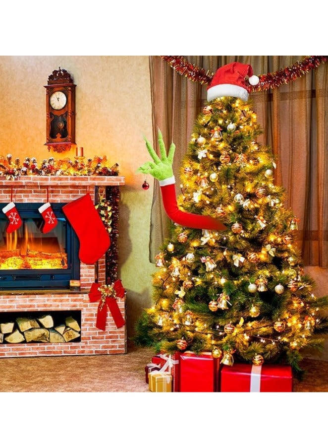 AUTOYSUR زينة شجرة عيد الميلاد الخضراء الفروية من غرينش، رأس/ذراعين/ساقين لص topper شجرة عيد الميلاد وزينة حفلات رأس السنة الجديدة (ذراع الجني) - Image 4