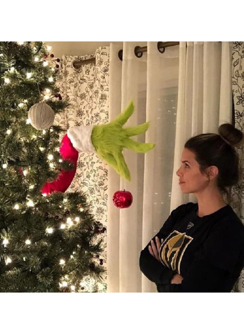 AUTOYSUR زينة شجرة عيد الميلاد الخضراء الفروية من غرينش، رأس/ذراعين/ساقين لص topper شجرة عيد الميلاد وزينة حفلات رأس السنة الجديدة (ذراع الجني) - Image 1