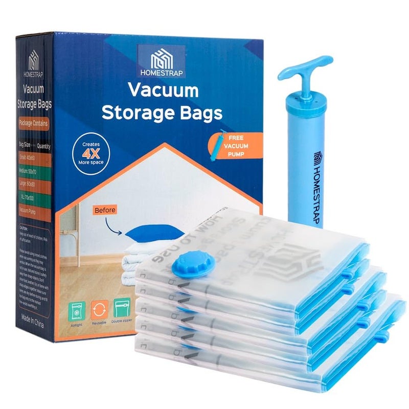 HomeStrap Vacuum Storage Bags with Pump (Pack of 5) 2 Small 2 Medium 1 Large |Airtight and Reusable Space Saver Double Ziplock Compression Bags with Vacuum Pump|Creates 4x More Space for Clothes - Image 1