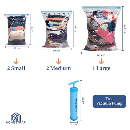 HomeStrap Vacuum Storage Bags with Pump (Pack of 5) 2 Small 2 Medium 1 Large |Airtight and Reusable Space Saver Double Ziplock Compression Bags with Vacuum Pump|Creates 4x More Space for Clothes - Image 2