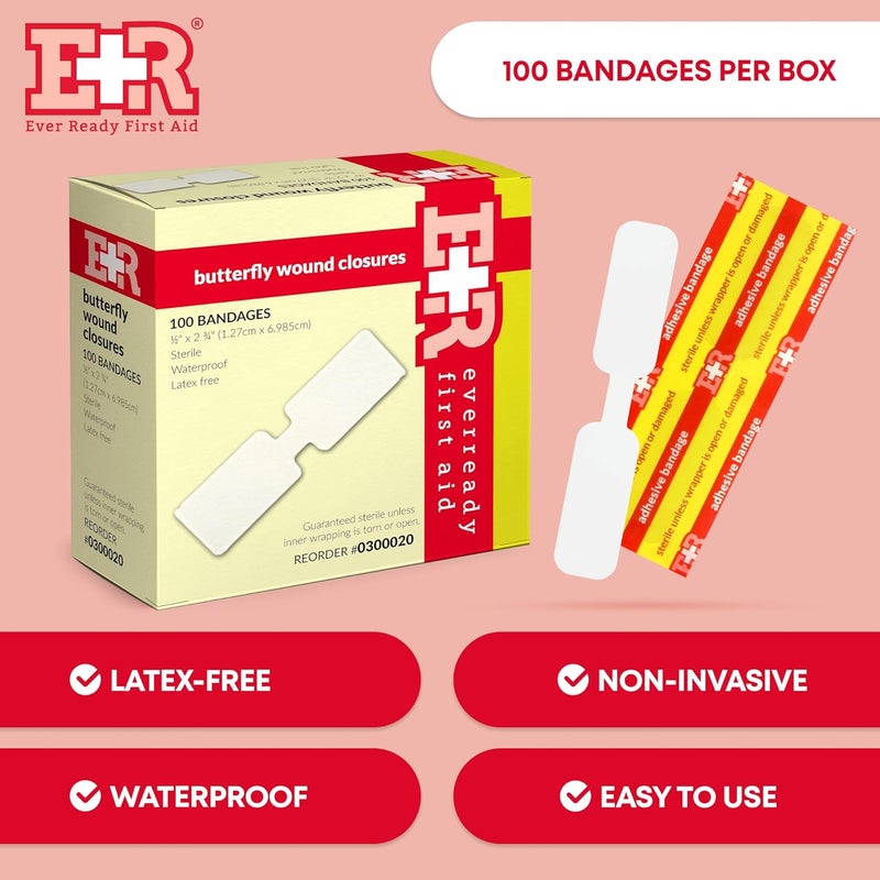 Ever Ready First Aid Sterile Butterfly Strips Individually Wrapped Wound Closure Bandages for Small Wounds Protection  x 2   100 Count - Image 2