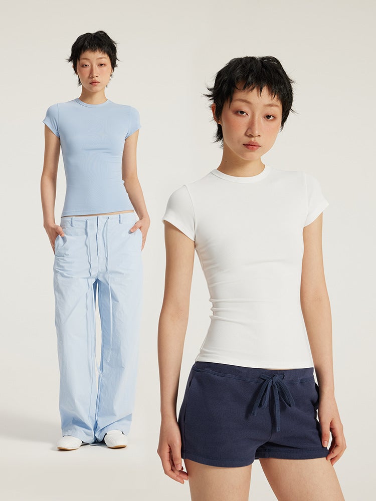 Teeshe Women''s Round Neck Slim Fit T-Shirt 26 Spring/Summer Spicy Girl Style Waist-Cinching Slimming Sports Base Shirt in Macaron Colors - Image 5