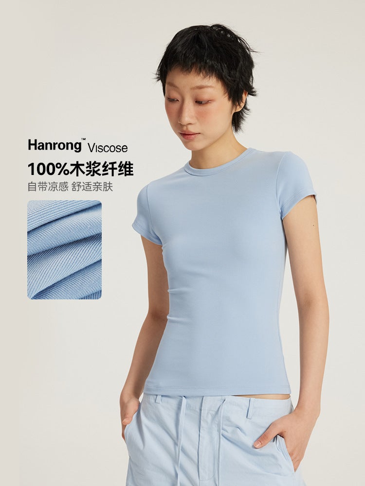 Teeshe Women''s Round Neck Slim Fit T-Shirt 26 Spring/Summer Spicy Girl Style Waist-Cinching Slimming Sports Base Shirt in Macaron Colors - Image 2