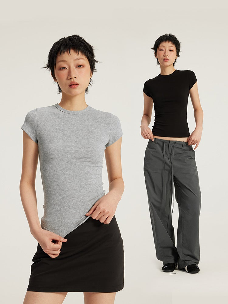 Teeshe Women''s Round Neck Slim Fit T-Shirt 26 Spring/Summer Spicy Girl Style Waist-Cinching Slimming Sports Base Shirt in Macaron Colors - Image 4