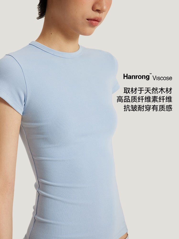 Teeshe Women''s Round Neck Slim Fit T-Shirt 26 Spring/Summer Spicy Girl Style Waist-Cinching Slimming Sports Base Shirt in Macaron Colors - Image 3
