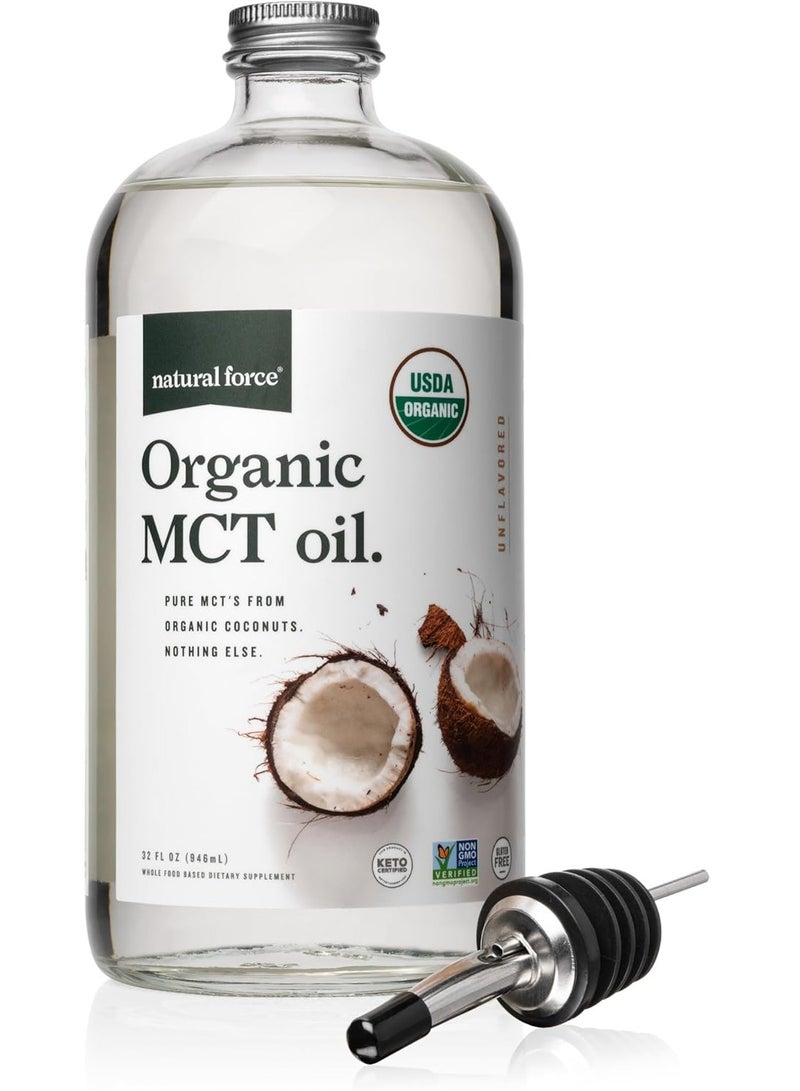 Natural Force Organic MCT Oil – Pure Glass Bottle – Made from 100% Cold Pressed Virgin Coconut Oil + Certified Keto, Paleo, Kosher, Vegan & Non-GMO – Lab Tested for Quality and Purity - 32 Ounce - Image 1