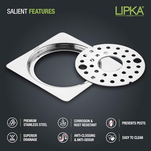 Lipka ليبكا 5 × 5 إنش ستانلس ستيل إيون مربع مسطح مقطوع لتصريف المياه/جالي سادة، فخ شبك سادة بفتحة تصريف مع قفل للحمام والمطبخ - مقاوم للصدأ، مقاوم للتآكل فضي - Image 3