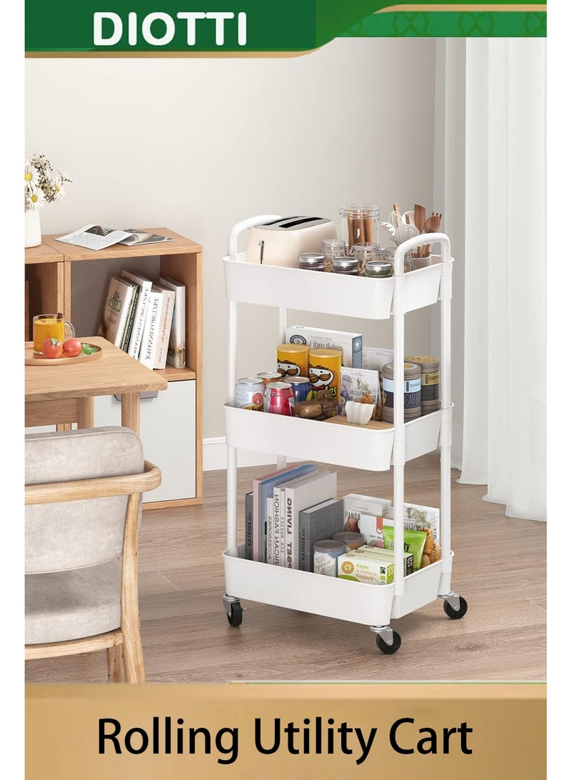 DIOTTI 3-Tier Rolling Utility Cart with Handle, Plastic Storage Trolley on Wheels, Multi-Functional Organizer for Kitchen, Office, Living Room, Bathroom(30*20*60cm) - Image 1