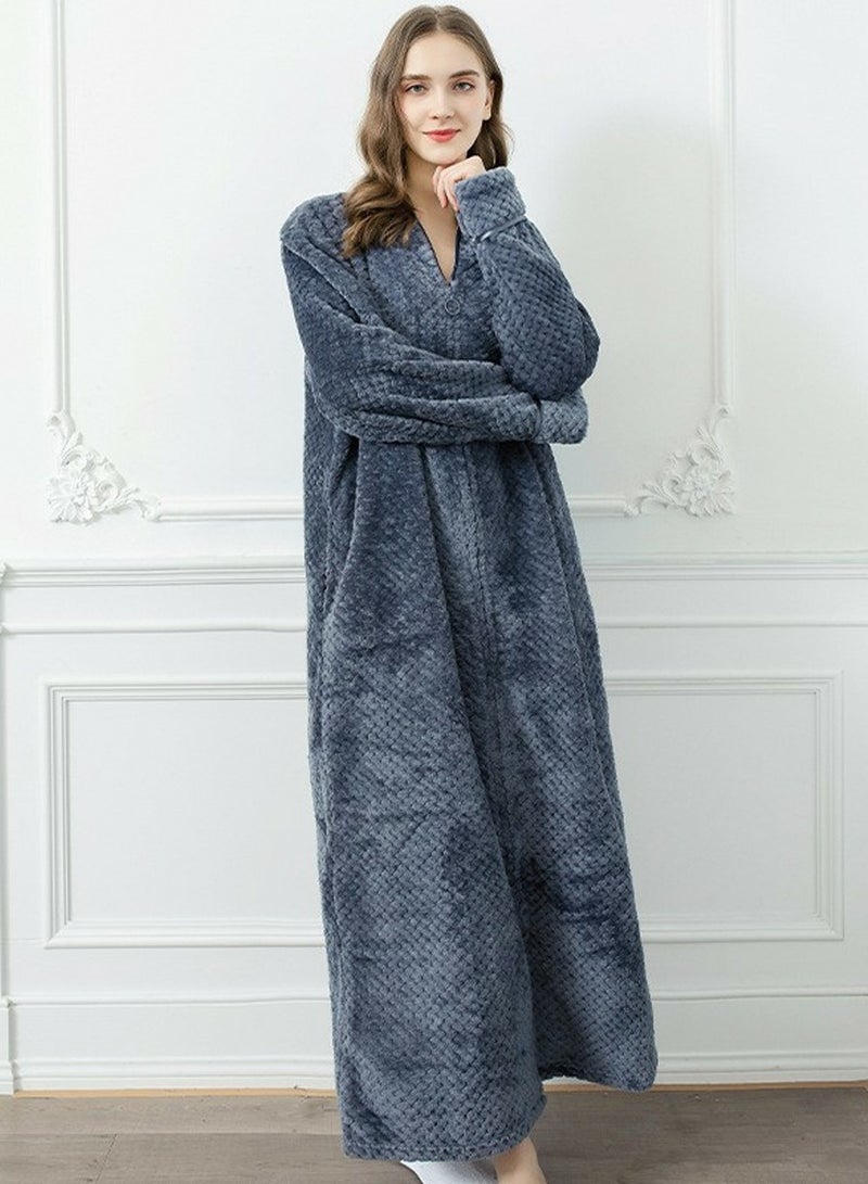 إسكدنيا جنس واحد الشتاء طويل سميكة زيبر فستان ليلي فلانيل رداء حمام بيجاما رمادي داكن - Image 2