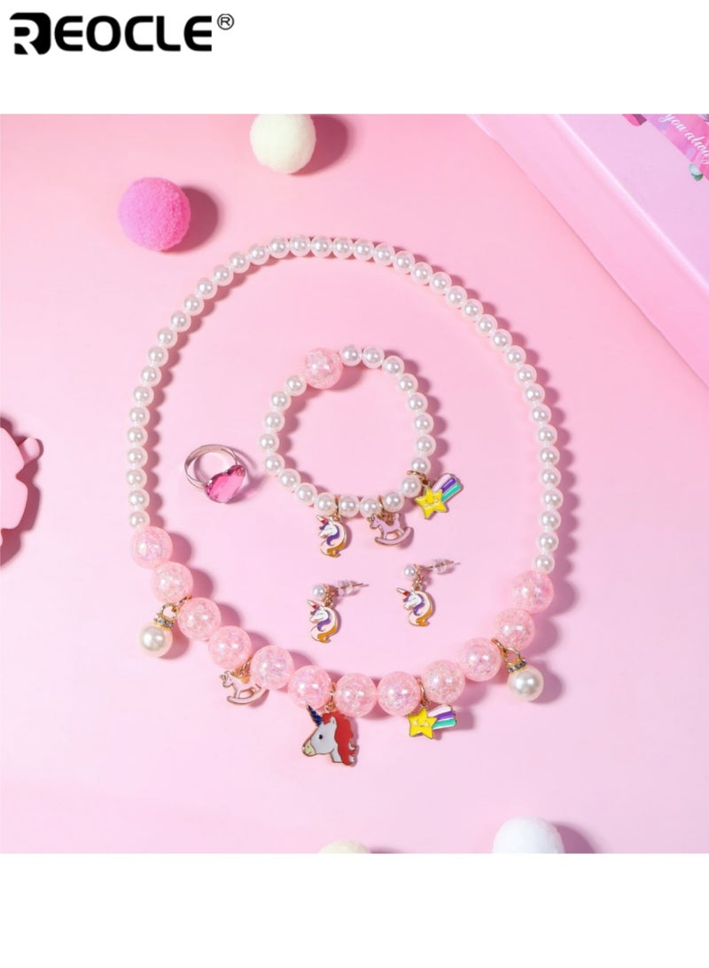 REOCLE 2PCS Kids' Unicorn-Themed Jewelry Set Pearl-Style Necklace & Bracelet & Ring & Earrings Casual Daily Wear Playful Accessory Set - Image 1