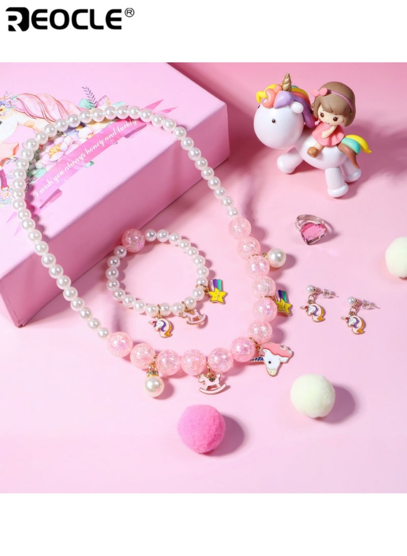 REOCLE 2PCS Kids' Unicorn-Themed Jewelry Set Pearl-Style Necklace & Bracelet & Ring & Earrings Casual Daily Wear Playful Accessory Set - Image 5