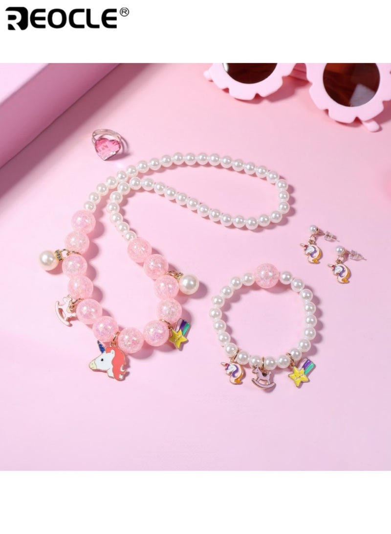 REOCLE 2PCS Kids' Unicorn-Themed Jewelry Set Pearl-Style Necklace & Bracelet & Ring & Earrings Casual Daily Wear Playful Accessory Set - Image 3