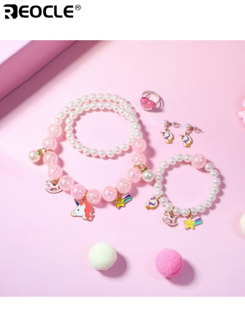 REOCLE 2PCS Kids' Unicorn-Themed Jewelry Set Pearl-Style Necklace & Bracelet & Ring & Earrings Casual Daily Wear Playful Accessory Set - Image 2