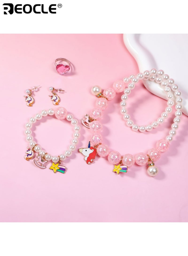 REOCLE 2PCS Kids' Unicorn-Themed Jewelry Set Pearl-Style Necklace & Bracelet & Ring & Earrings Casual Daily Wear Playful Accessory Set - Image 4