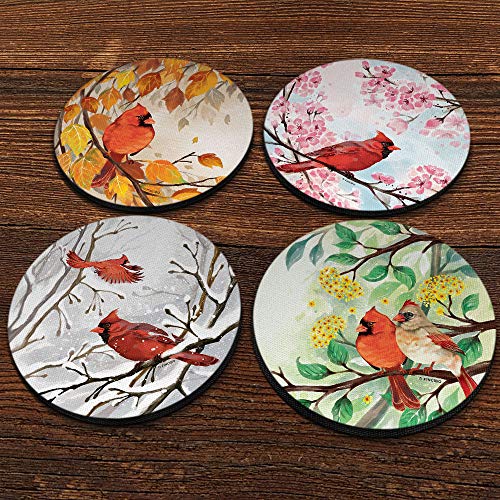 CARIBOU Coasters, Red Cardinal Bird In Autumn + In Spring + In Winter + In Summer Design Absorbent ROUND Fabric Felt Neoprene Coasters for Drinks, 4pcs Set - Image 2