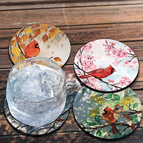 CARIBOU Coasters, Red Cardinal Bird In Autumn + In Spring + In Winter + In Summer Design Absorbent ROUND Fabric Felt Neoprene Coasters for Drinks, 4pcs Set - Image 4