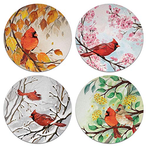 CARIBOU Coasters, Red Cardinal Bird In Autumn + In Spring + In Winter + In Summer Design Absorbent ROUND Fabric Felt Neoprene Coasters for Drinks, 4pcs Set - Image 5