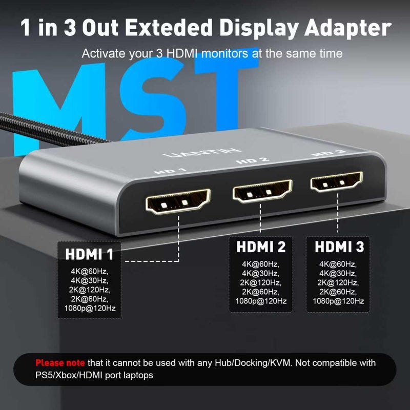 UANTIN محول من DisplayPort إلى HDMI لثلاث شاشات عرض موسع بدقة 4K@60Hz مع مدخل DP واحد وثلاثة مخارج HDMI، محور MST لشاشات متعددة متوافق مع بطاقات الرسوميات NVIDIA/AMD - Image 3