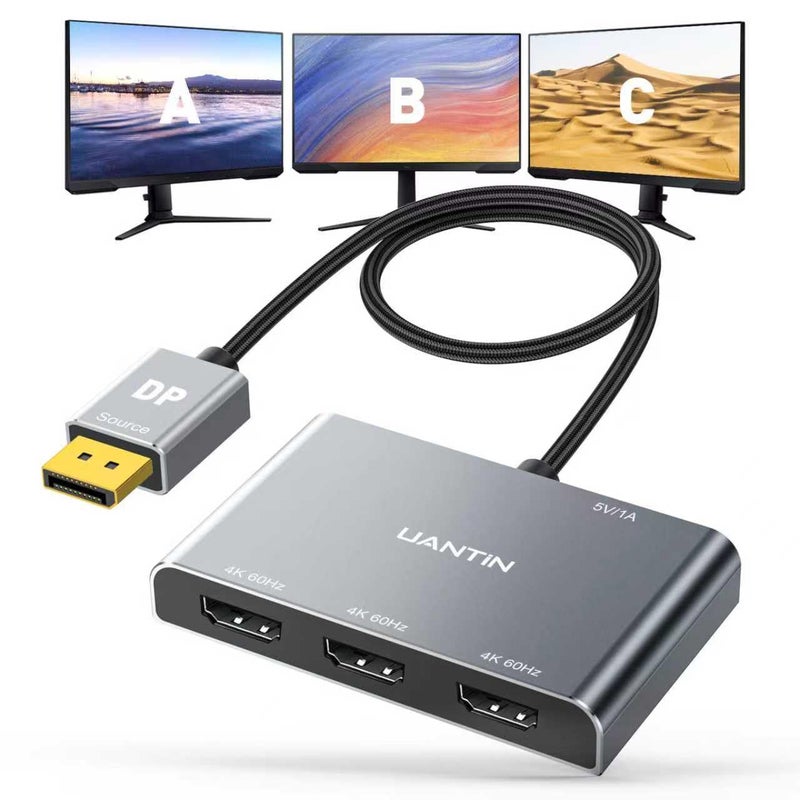 UANTIN محول من DisplayPort إلى HDMI لثلاث شاشات عرض موسع بدقة 4K@60Hz مع مدخل DP واحد وثلاثة مخارج HDMI، محور MST لشاشات متعددة متوافق مع بطاقات الرسوميات NVIDIA/AMD - Image 1